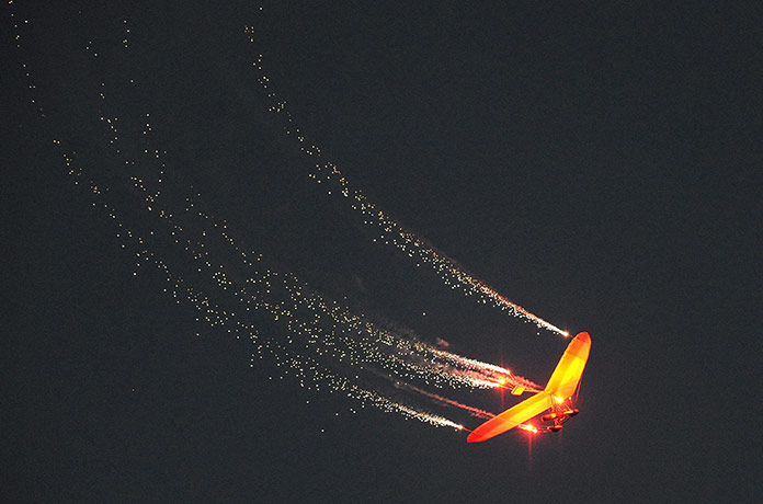 24 Hours: Fireworks on the wings of a plane during display at Scalaria Air Challenge