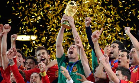 Spain's captain Iker Casillas lifts the World Cup trophy.