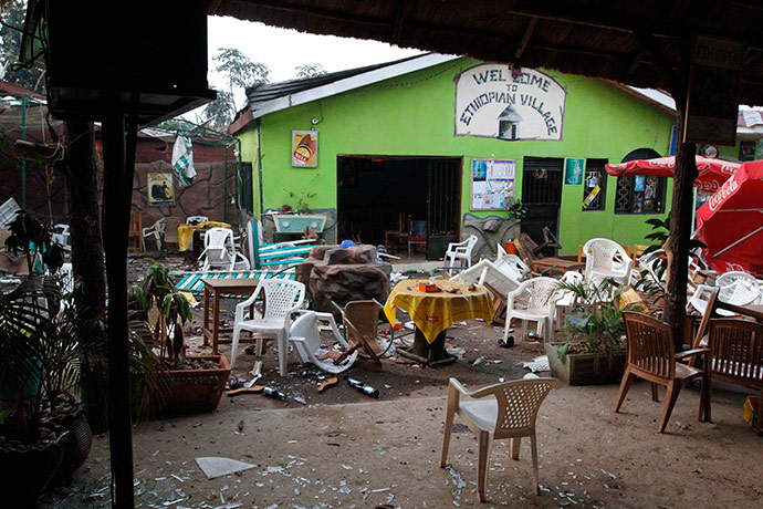 Uganda explosion: Damaged chairs and tables amongst the debris, Kampala, Uganda