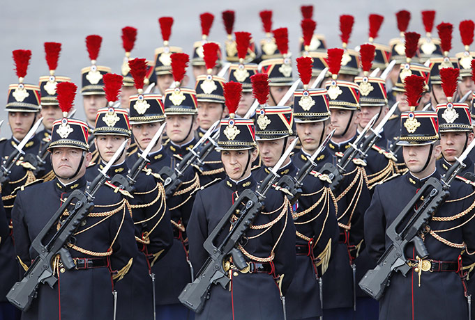 Bastille day: Republican Guard soldiers stand at the Bastille Day parade in Paris