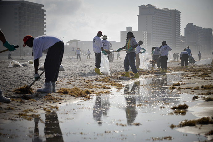 Deepwater Horizon: BP oil spill: Workers clean the oil washed ashore