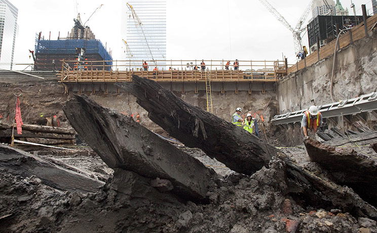 World Trade Centre ship: The curved ribs of the ship's wooden hull poke up from the mud