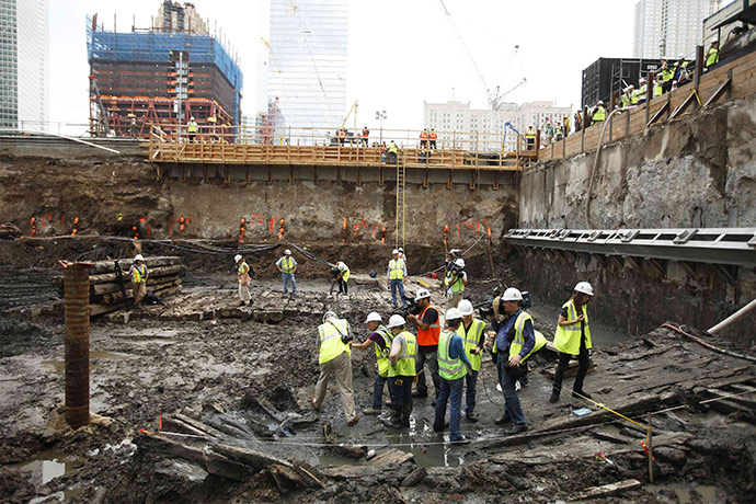 World Trade Centre ship: Archaeologists and members of the media examine the ship