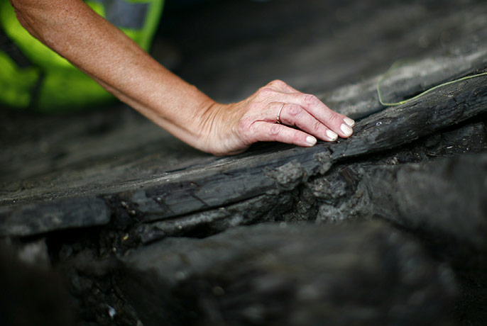 World Trade Centre ship: A worker examines the remnants of the ship