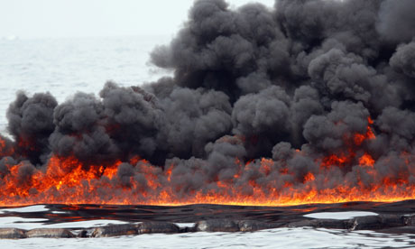 Oil burning in the Gulf of Mexico, 2010. Oil ShockWave focuses on when the US should tap emergency reserves. Photograph: Ann Heisenfelt/EPA