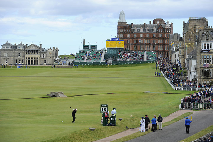 British Open Saturday: Colin Montgomerie tees off the 18th