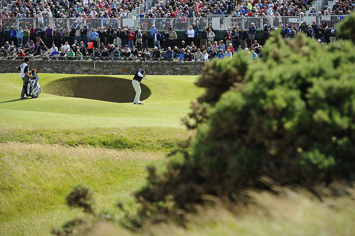 British Open Saturday: Steve Marino as he tries a delicate chip over the Road Hole bunker