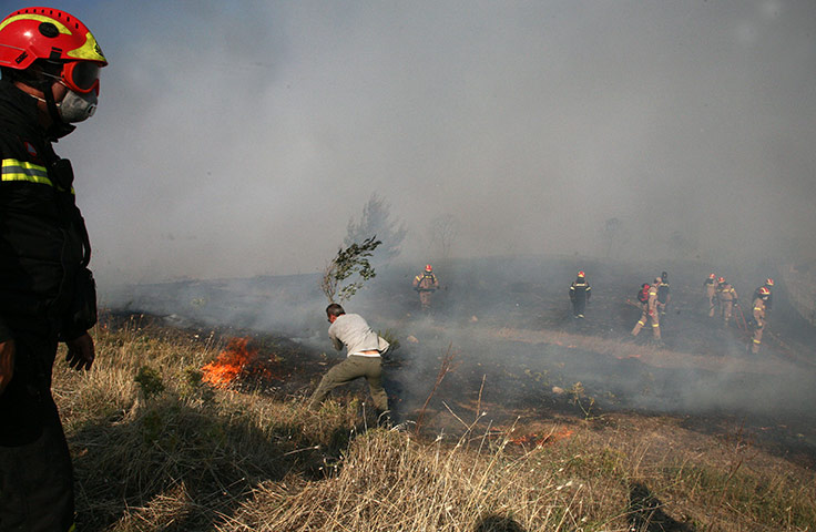 Greece wildfire: A resident and firefighters beat a fire in the Mikrochori village