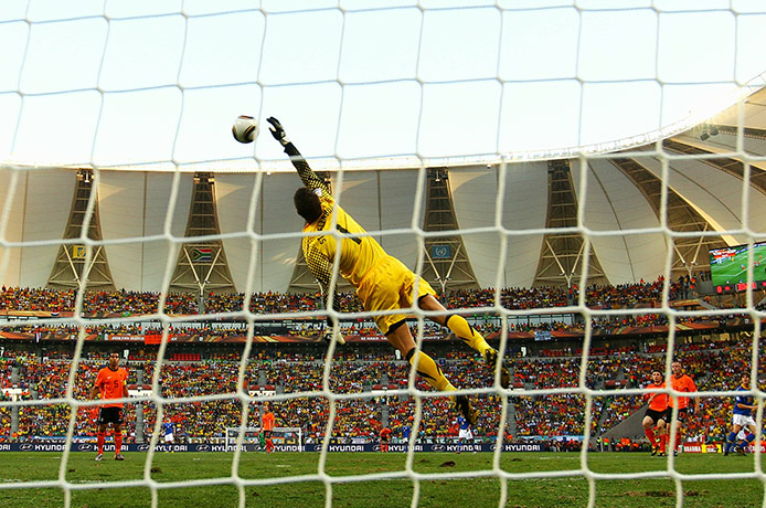 Netherlands versus Brazil: Netherlands' keeper Maarten Stekelenburg claws away a shot from Kaka 