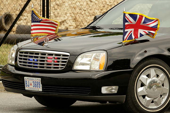 Cameron in Washington: Prime Minister David Cameron's limousine arrives at the West Wing