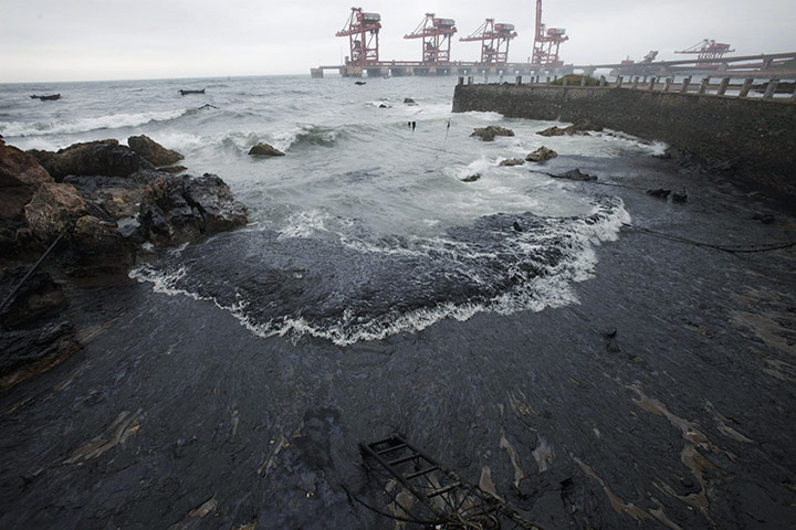 Dalian oil fire in China: Oil washes ashore at Dalian's Port in Liaoning province