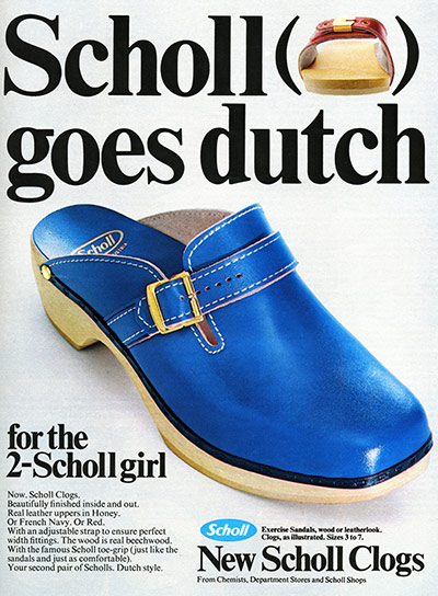 SSL International: A 1971 advertisement for Scholl clogs
