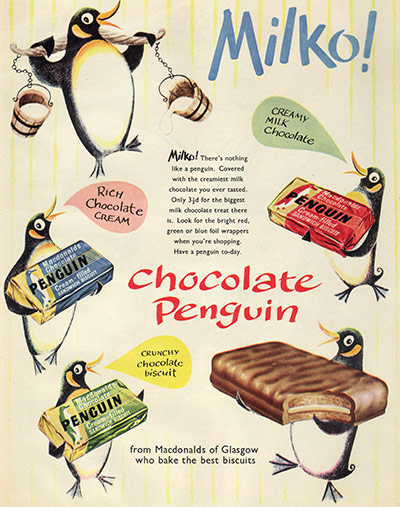 Week in Business: A group of penguins advertising Penguin bars in 1952.