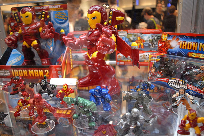Comic Con: Figurines of the character Iron Man sit in a display at Comic Con