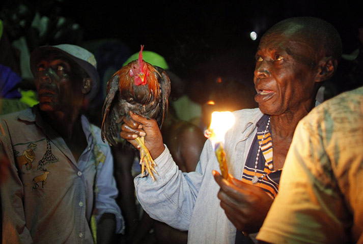 Voodoo in Haiti: A voodoo believer offers a rooster to the spirits at a mass ritual