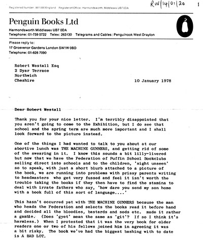 Penguin: Letter from Kaye Webb to Robert Westall