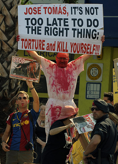 Bullfighting in Barcelona: 2009: People take part in a demonstration against bullfights
