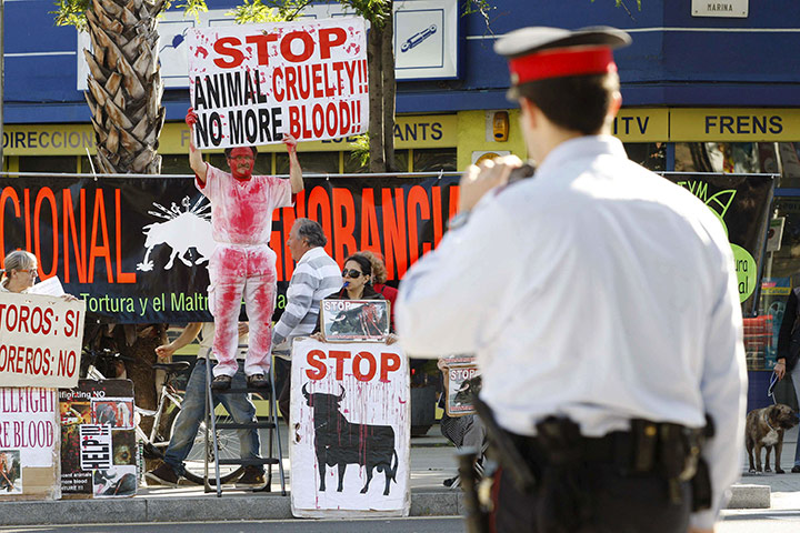 Bullfighting in Barcelona: 2010: A group of people with banners painted with mock blood