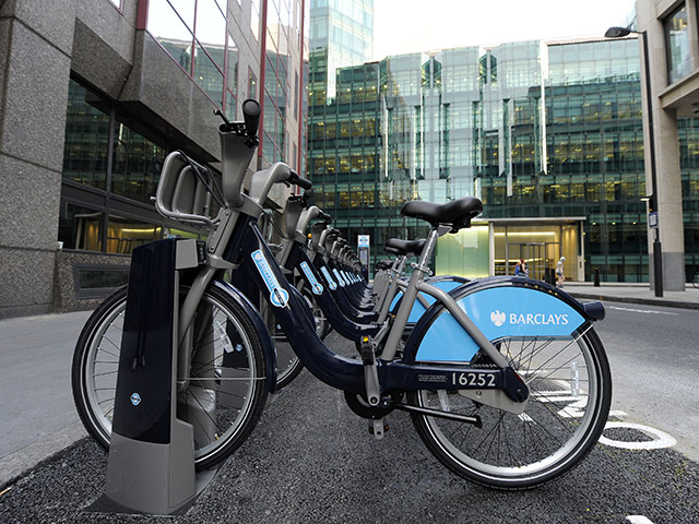 London cycle hire: A row of Boris Bikes in Moorgate 
