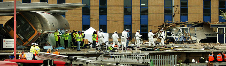 Potters Bar train crash: Emergency services work at the scene of the fatal Potters Bar rail crash
