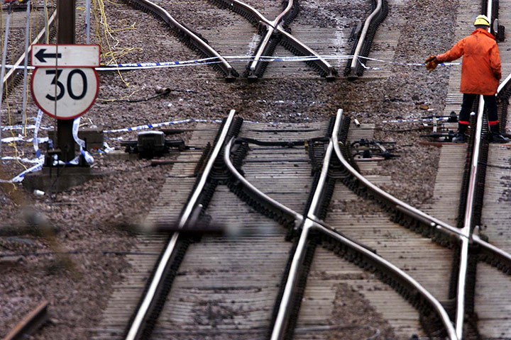 Potters Bar train crash: Railtrack Engineers work on the track at Potters Bar where the points were 