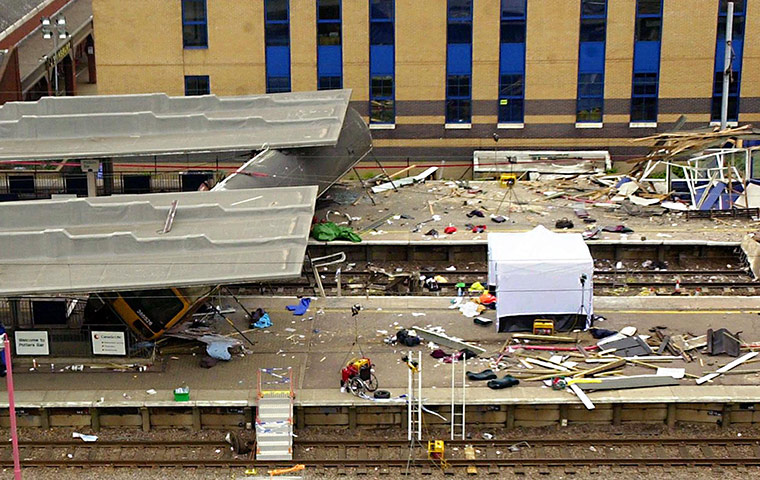 Potters Bar train crash: The fourth carriage of a derailed train at Potters Bar station