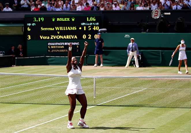 Serena wins wimbledon: Serena Williams celebrates winning her fourth Wimbledon singles title
