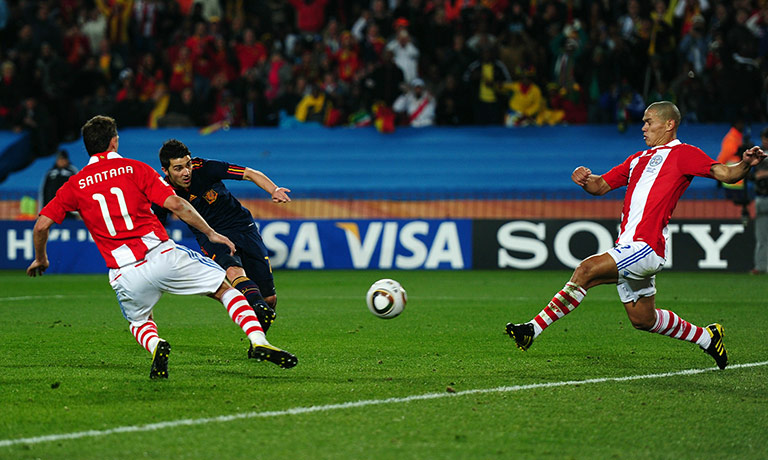 Paraguay versus spain: David Villa scores for Spain against Paraguay