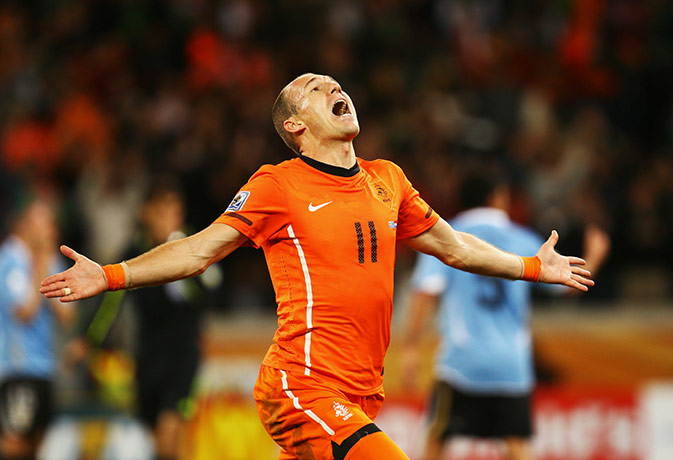 Holland versus Uruguay: Arjen Robben celebrates his goal