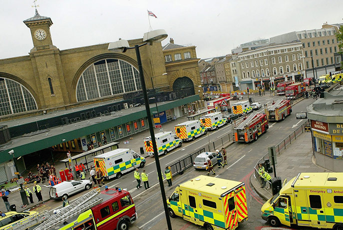 7/7 5th annivesary: 7/7 Emergency services seen outside the main line station at Kings Cross