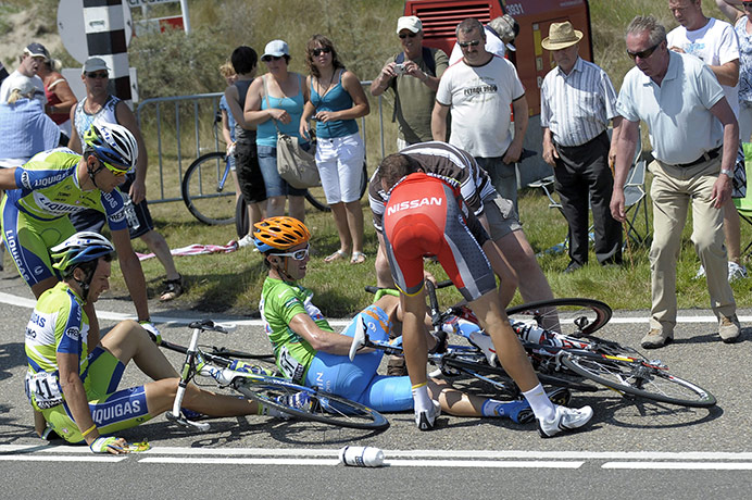 TDF Crashes: Garmin's David Millar of Britain and Liquigas' Ivan Basso of Italy