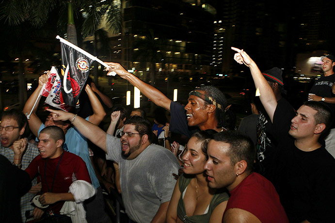 LeBron James: Miami Heat fans celebrate at the American Airlines Arena