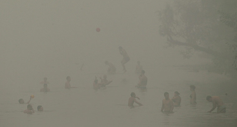 Moscow smog: People swim in the Moskva River at Serebryany Bor