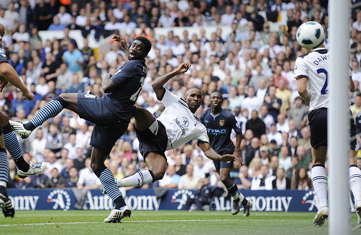 Spurs v Man City: Defoe volley is well saved by Joe Hart
