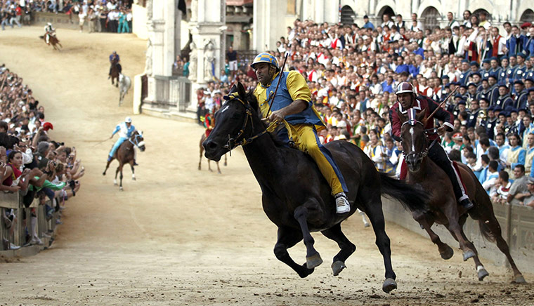 Palio race: Luigi Trecciolino, jockey of Tartuca parish leads the pack to win 