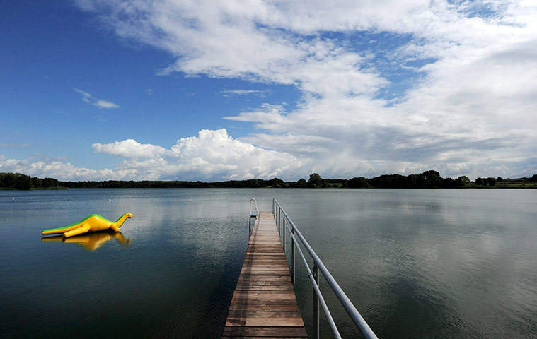 24 hours: Germany: An inflatable dinosaur floats in the water of Lake Borgdorfer 
