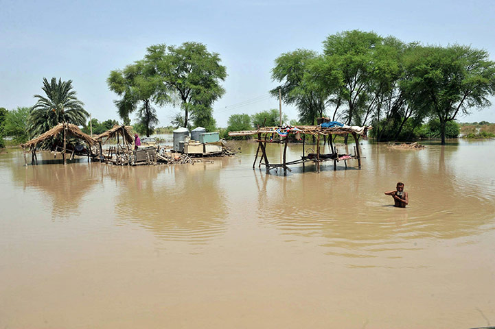 Pakistan Flood Update: A Pakistani family takes shelter under a hut in the flooded town of Rohri