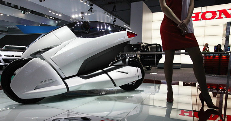 Moscow Auto Show: A model presents Honda motorbike concept during Moscow Auto Show