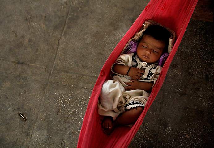 pakistan aftermath: Three-month-old Nasiba sleeps in a hammock while taking refuge in Sukkur