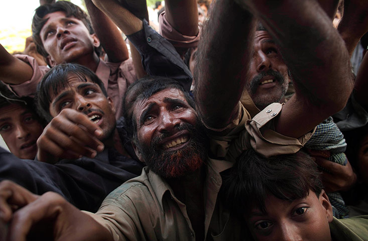 pakistan aftermath: Pakistanis fight with each other reach for milk during an aid distribution