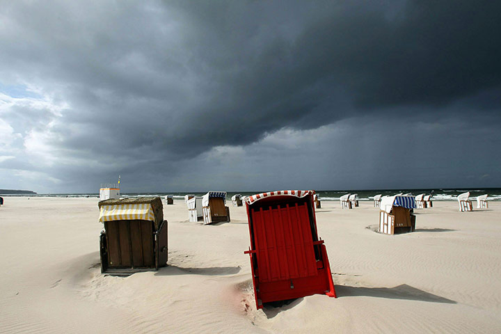  Empty beach chairs on a beach in the Baltic Sea resort Warnemünde, Germany 