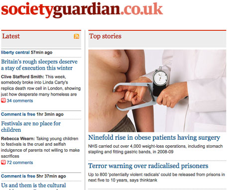 A picture of the new Societyguardian.co.uk front page, 27 August 2010