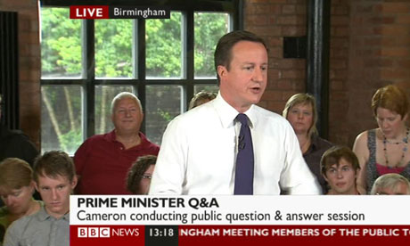 David Cameron answering questions from the public in Birmingham on 3 August 2010.