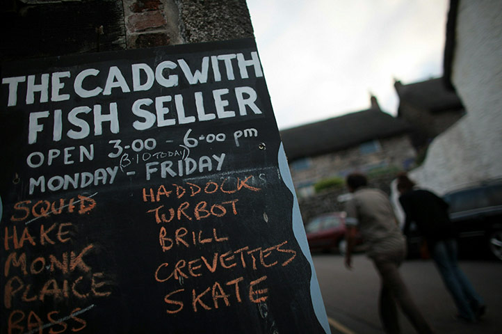 Helston fishing: A sign listing types of fish for sale in Cadgwith cove