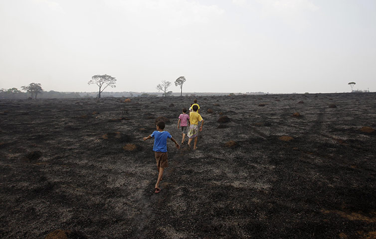 24 hours: Chapada dos Guimaraes, Brazil: Children walk on a burned area.