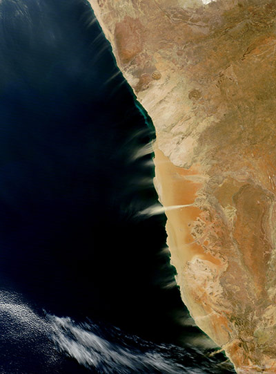 Satellite Eye on Earth:  dust and hydrogen sulfide plumes along the coast of Namibia