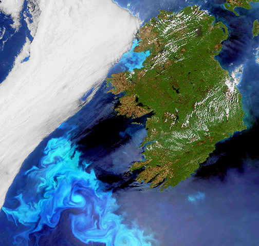 Satellite Eye on Earth: blue-coloured plankton blooms swirl in the North Atlantic Ocean off Ireland