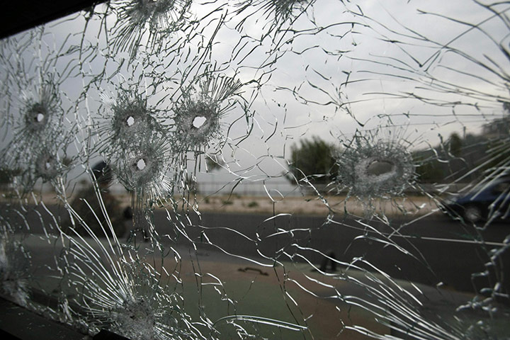 Israel and Lebanon clash: A bullet-riddled windscreen of a Lebanese army vehicle