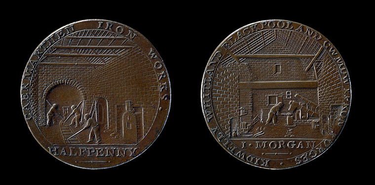 local currencies: Copper halfpenny token issued by the Carmarthen Iron Works
