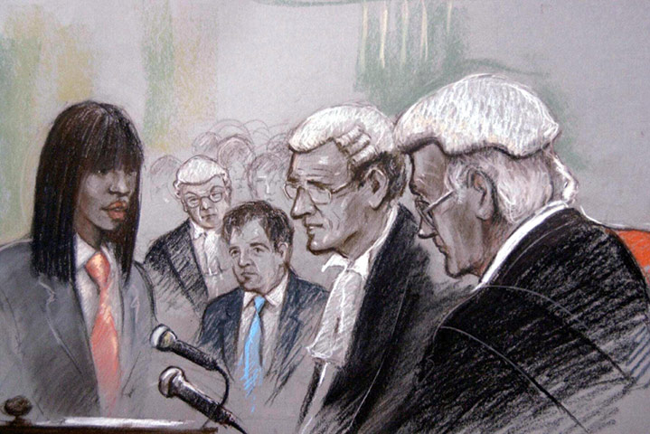 Naomi Campbell in court: February 2002: Court sketch of Piers Morgan and Naomi Campbell in court